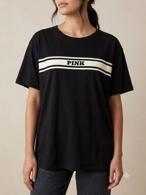 ✨ Like New ✨ VS PINK Black Athletic Stripe Graphic Tee - Size L